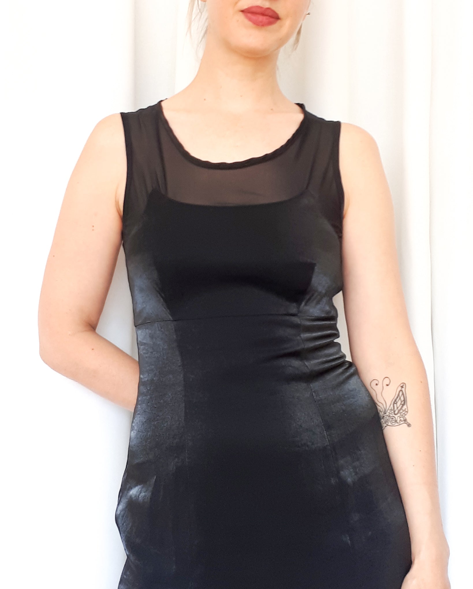 Vintage 90s Le Chateau Black Dress With A High Slit Up The Leg and Mesh Details