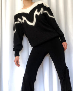 Vintage Black Sweater With White Angora Details and Pleated Puffy Sleeves