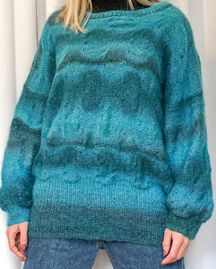 Hand Knit Blue Wool Sweater with Unique Knit Design, Loose Knit with Puffy Sleeves