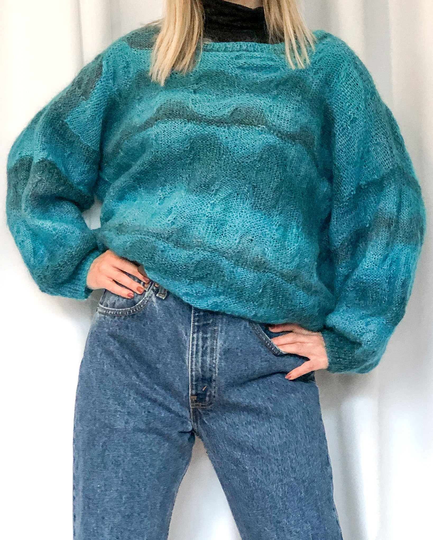 Hand Knit Blue Wool Sweater with Unique Knit Design, Loose Knit with Puffy Sleeves