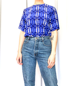 Vintage Silk T Shirt with Blue and White Geometric Weave Print