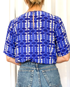 Vintage Silk T Shirt with Blue and White Geometric Weave Print