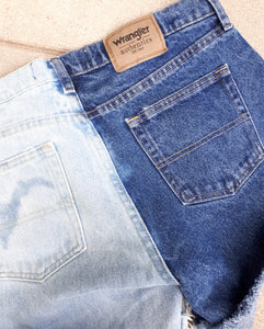 Upcyled Vintage Denim Wrangler Shorts, 32" Waist, Half Light Wash and Half Dark Blue Denim