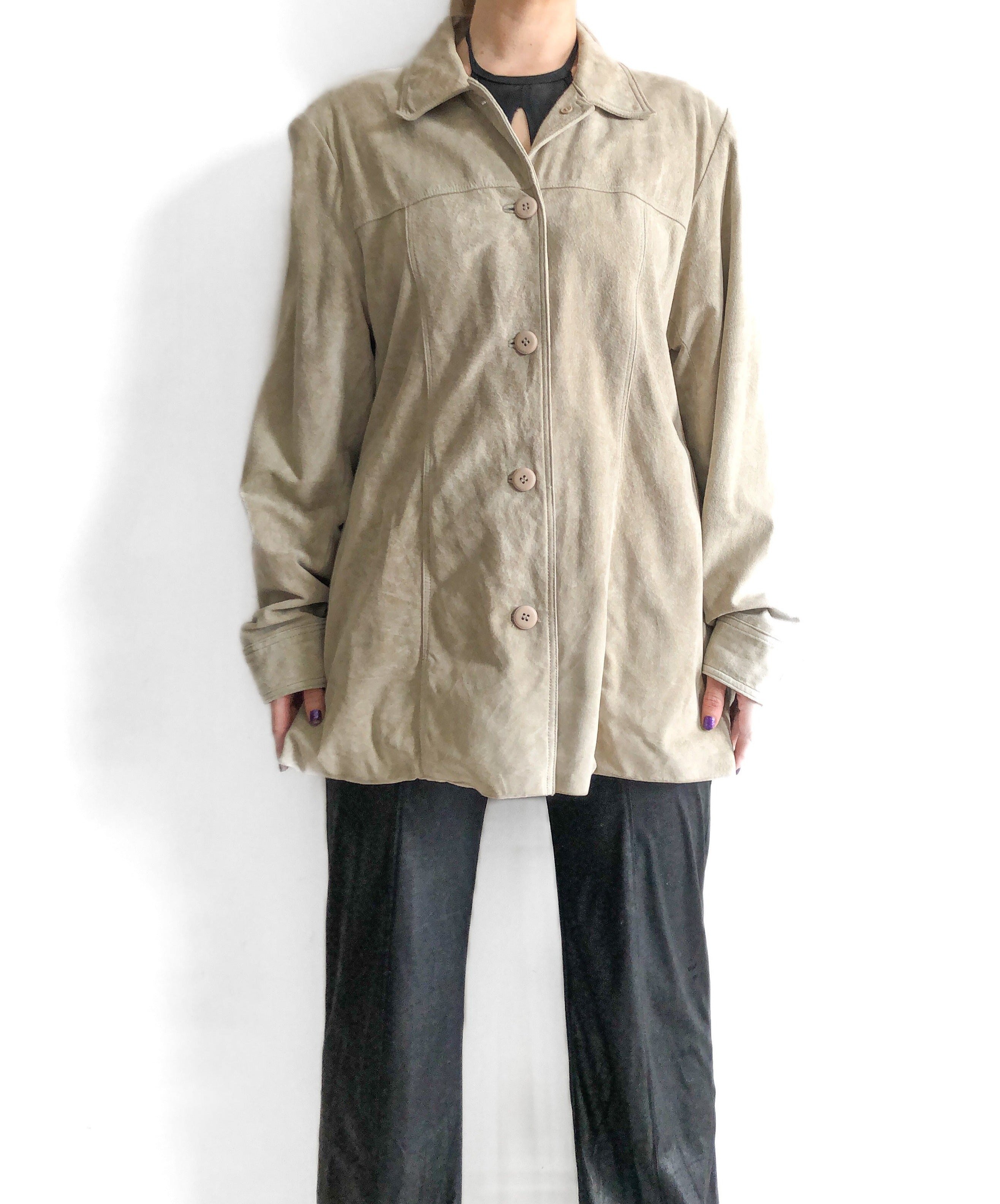 90s Suede Jacket, Beige Midi Suede Panel Jacket, Vintage Leather Panel Jacket, Size Medium Womens