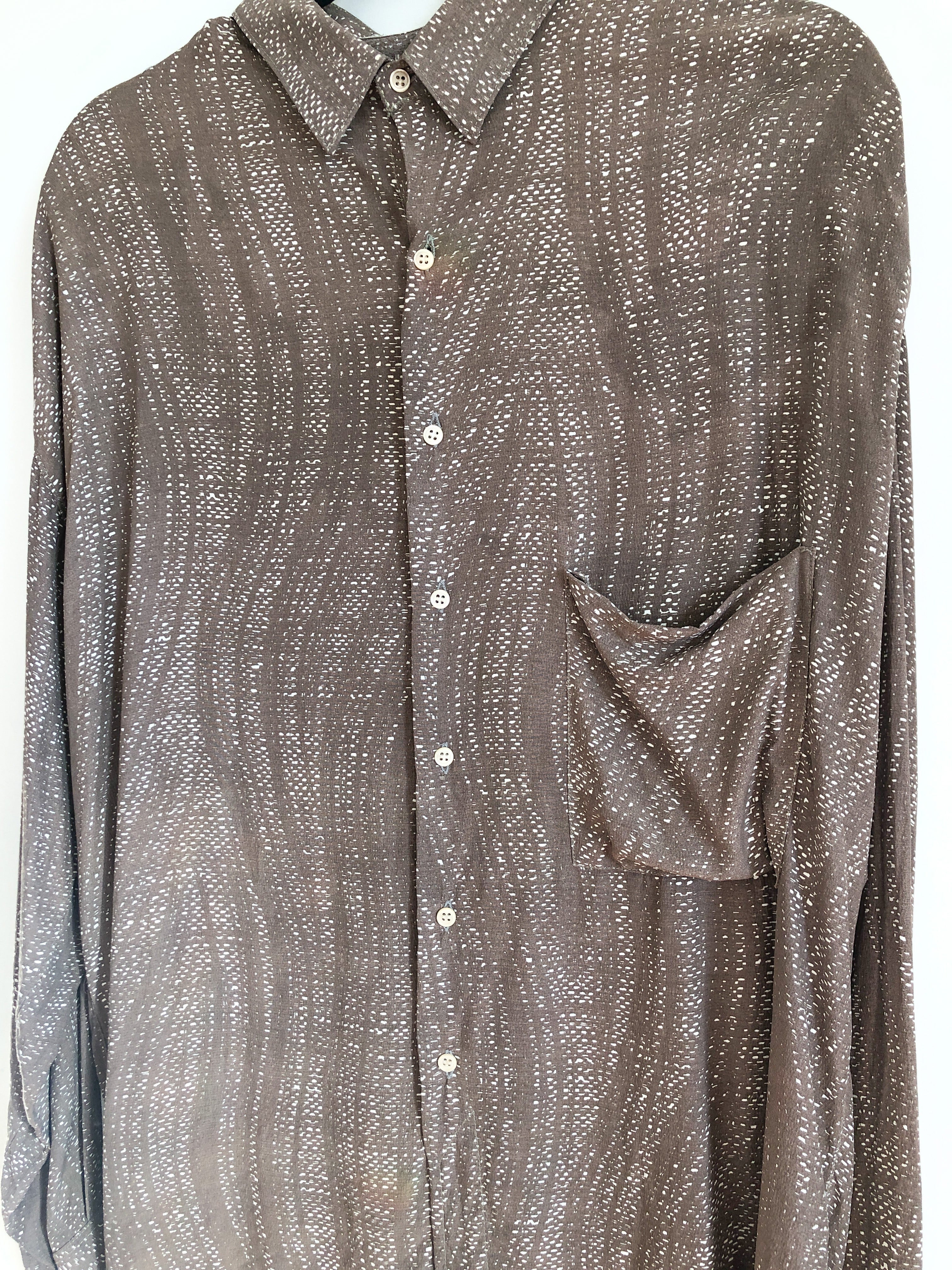 Unisex Silk Wavy Print Oxford Shirt, Abstract Brown Button Up 1980s Vintage Faux Valentino