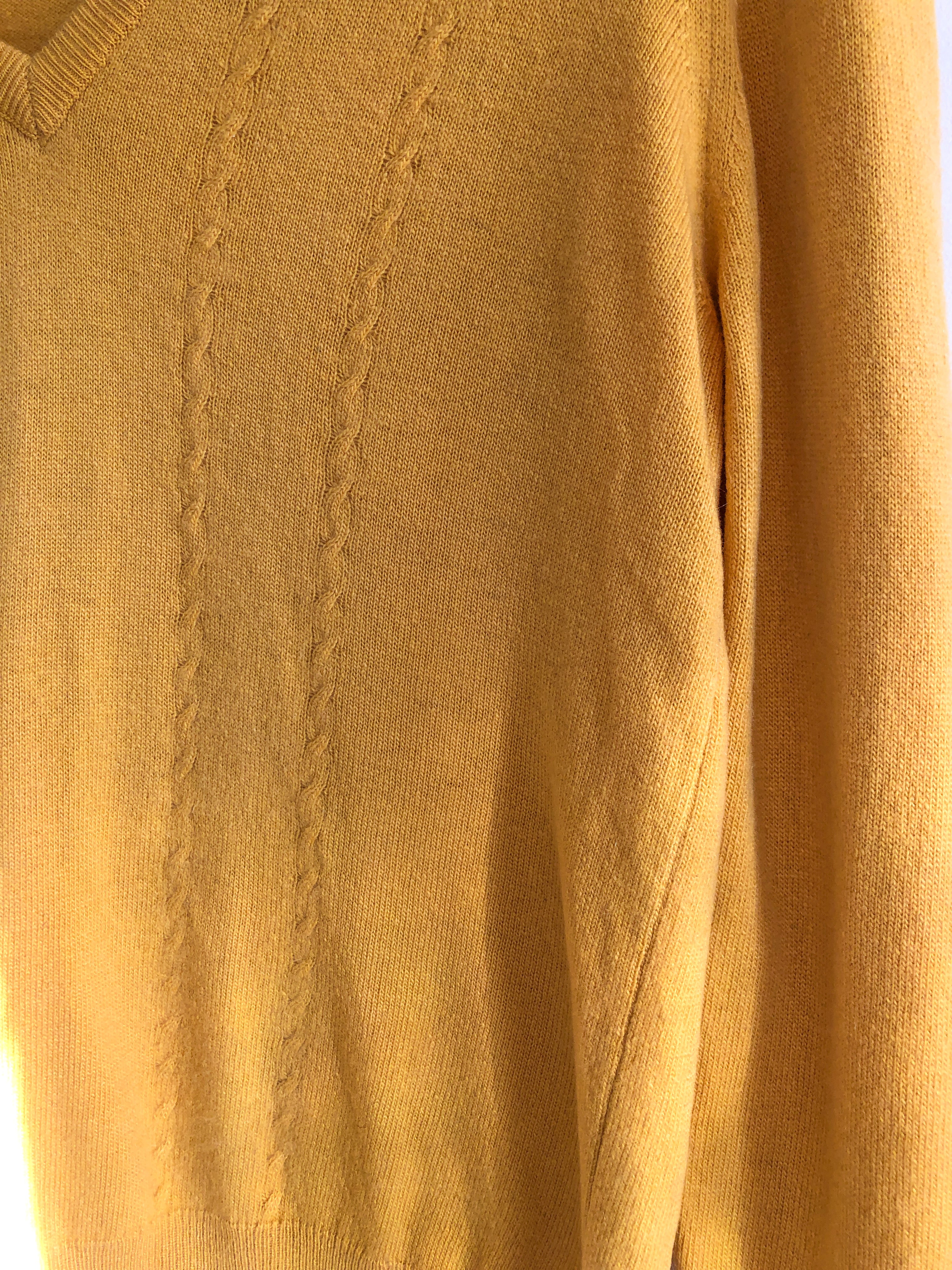 Mustard Yellow Cashmere Sweater, Cable Knit V Neck By Hawico of Scotland for Jenners