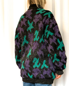 Vintage 80s 90s Sweater Bomber Jacket in Black Green Teal and Purple