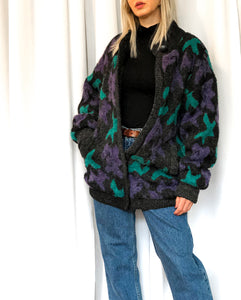 Vintage 80s 90s Sweater Bomber Jacket in Black Green Teal and Purple