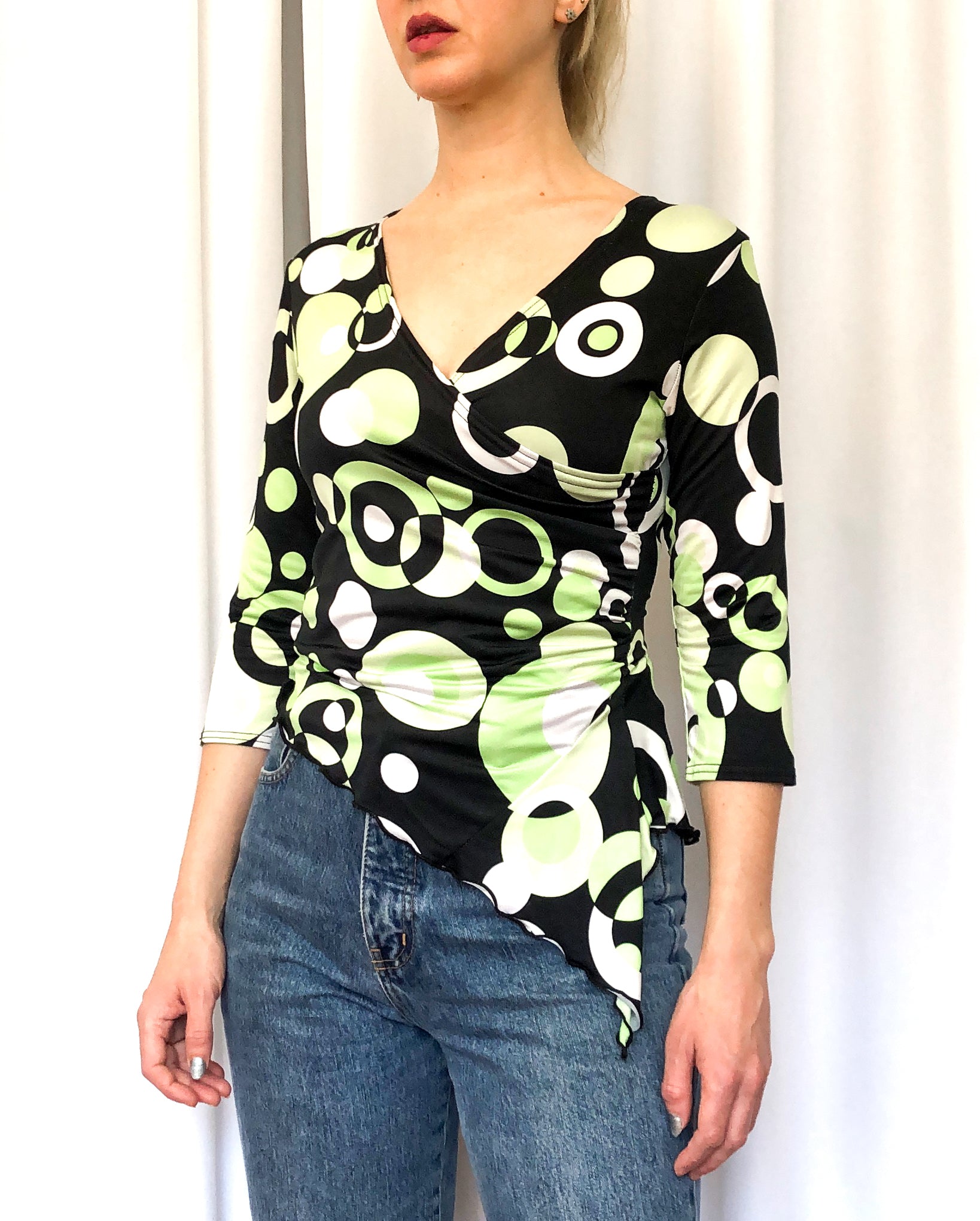 90s Vintage Asymmetric Cross Front Top With 3/4 Sleeves, and Ruching on the Side