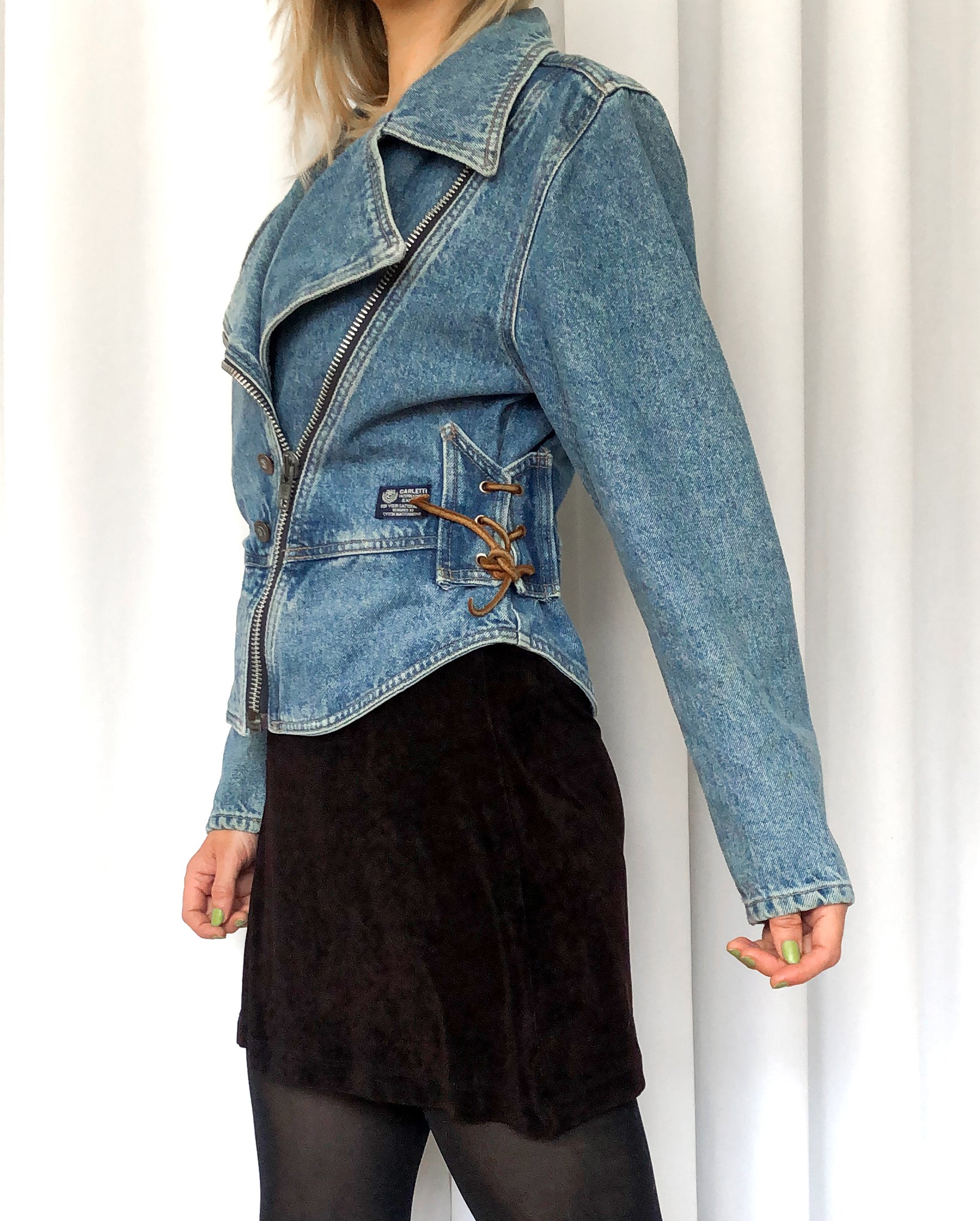 Vintage 90s Denim Motorcycle Jacket Made in Canada by Carletti Jeans
