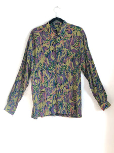 Vintage Plisse Pleat Unisex Blouse With Abstract Painterly Print, 1980s Oxford Faux Lanvin Shirt