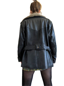 Bovines Leather Motorcycle Jacket With Shearling Collar, Black Midi Length Moto Jacket Butter Soft Leather