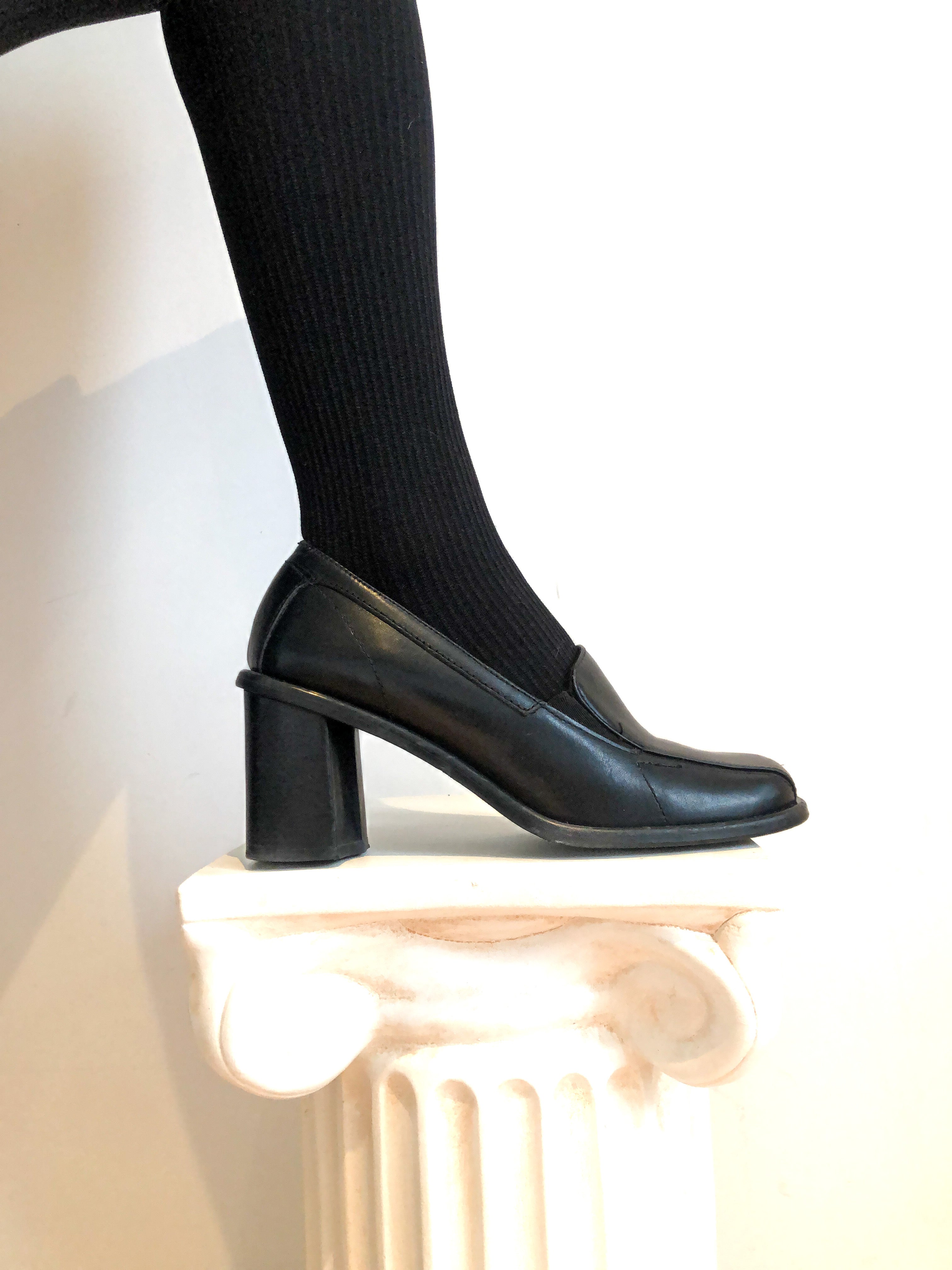 Black Leather Loafer Chunky Heel Shoe, US Size 7 Women's, 1990s Vintag –  Covet Vintage