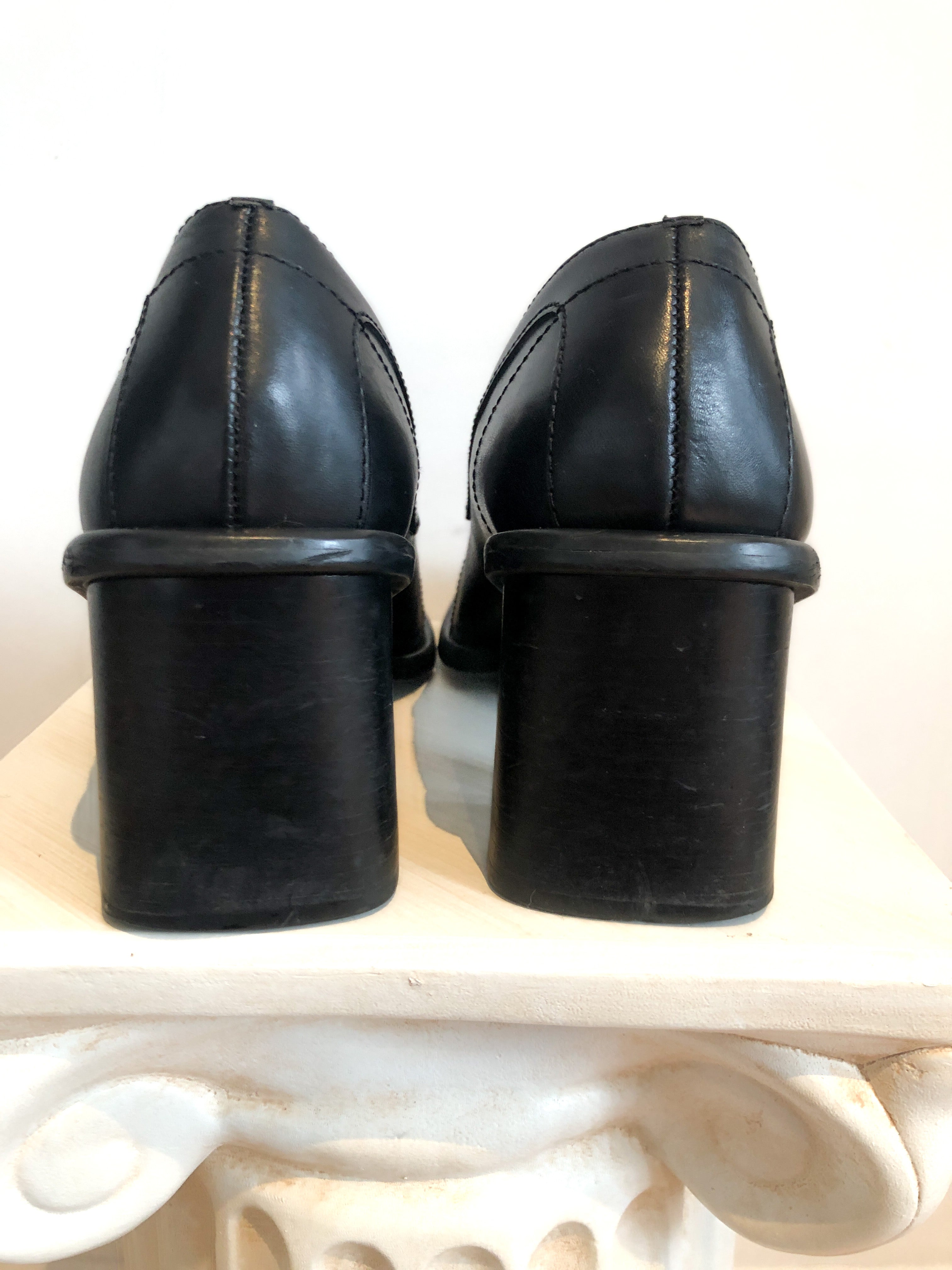 Black Leather Loafer Chunky Heel Shoe, US Size 7 Women's, 1990s Vintage Leather Block Heel by K Studio