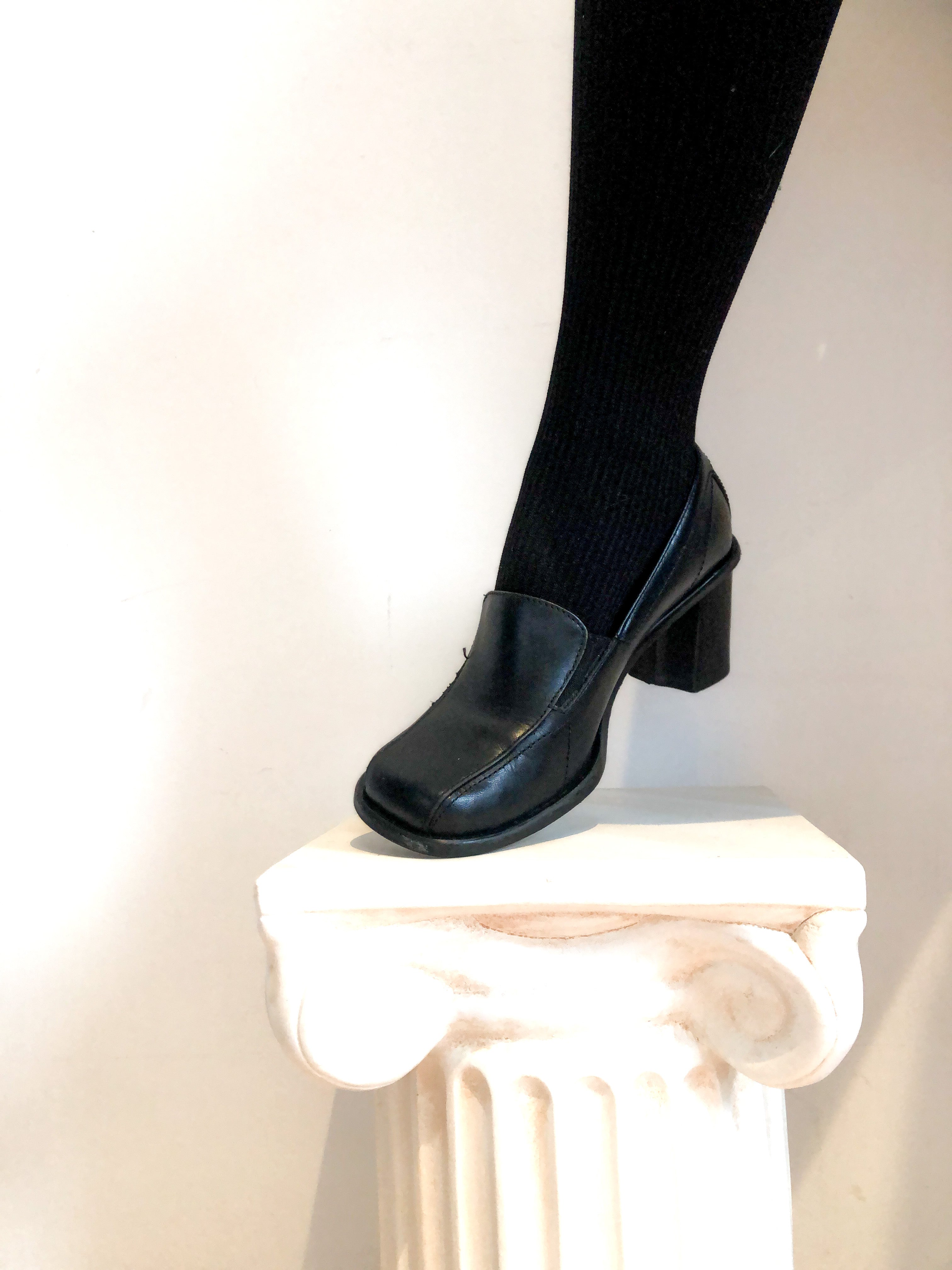 Black Leather Loafer Chunky Heel Shoe, US Size 7 Women's, 1990s Vintage Leather Block Heel by K Studio
