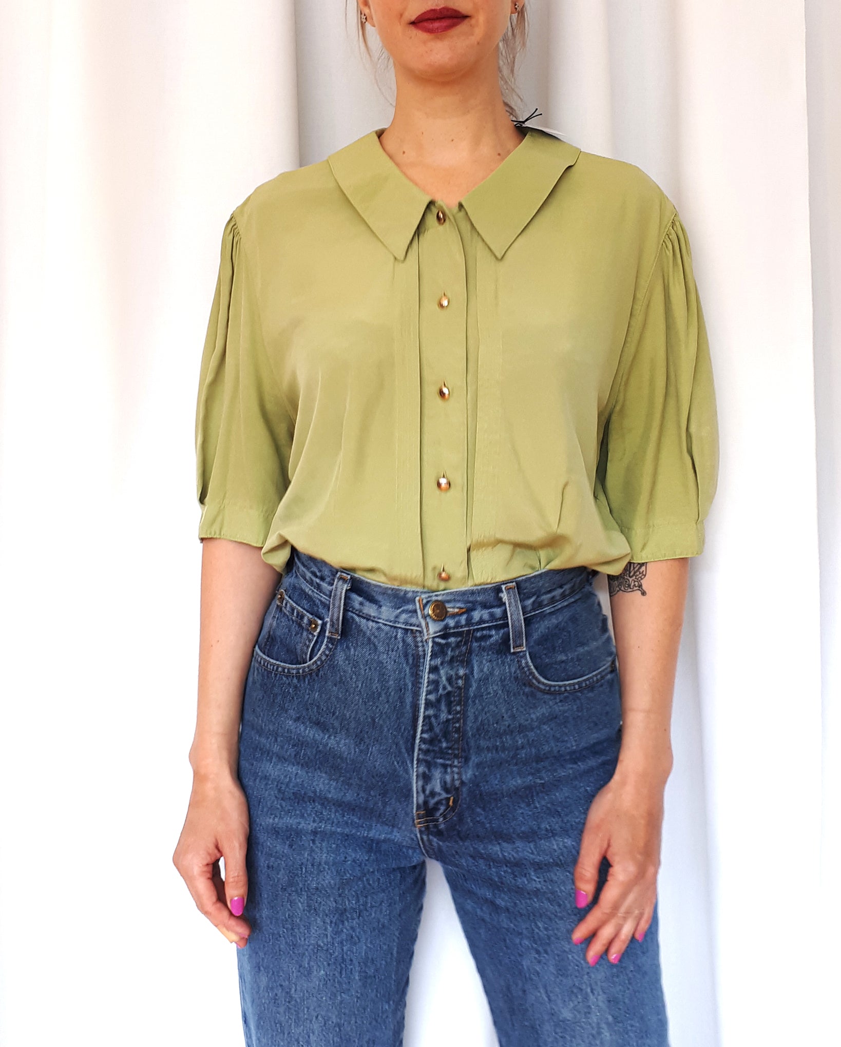 Vintage Moss Green Blouse With Peter Pan Collar and Puffy Sleeves