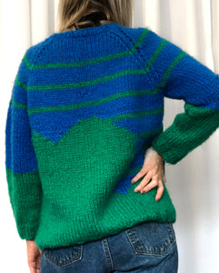 Hand Knit Chunky Wool Sweater in Bright Green and Blue with Stripes and Abstract Pattern