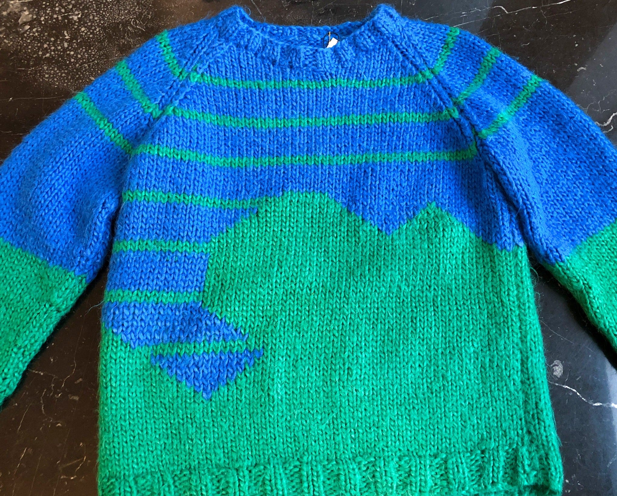 Hand Knit Chunky Wool Sweater in Bright Green and Blue with Stripes and Abstract Pattern