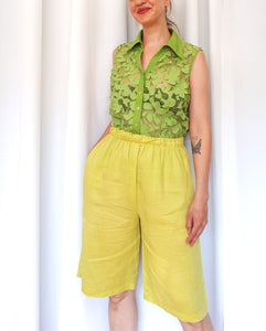 Long Linen Lime Green Shorts, High Rise With An Elastic Waist