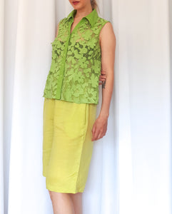 Long Linen Lime Green Shorts, High Rise With An Elastic Waist
