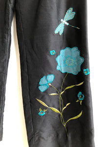 Black Silk Pants with Embroidered Flowers and Dragon Flies by Yves Cossette Depeche Mode, High Rise Silk Pants Waist size 30"