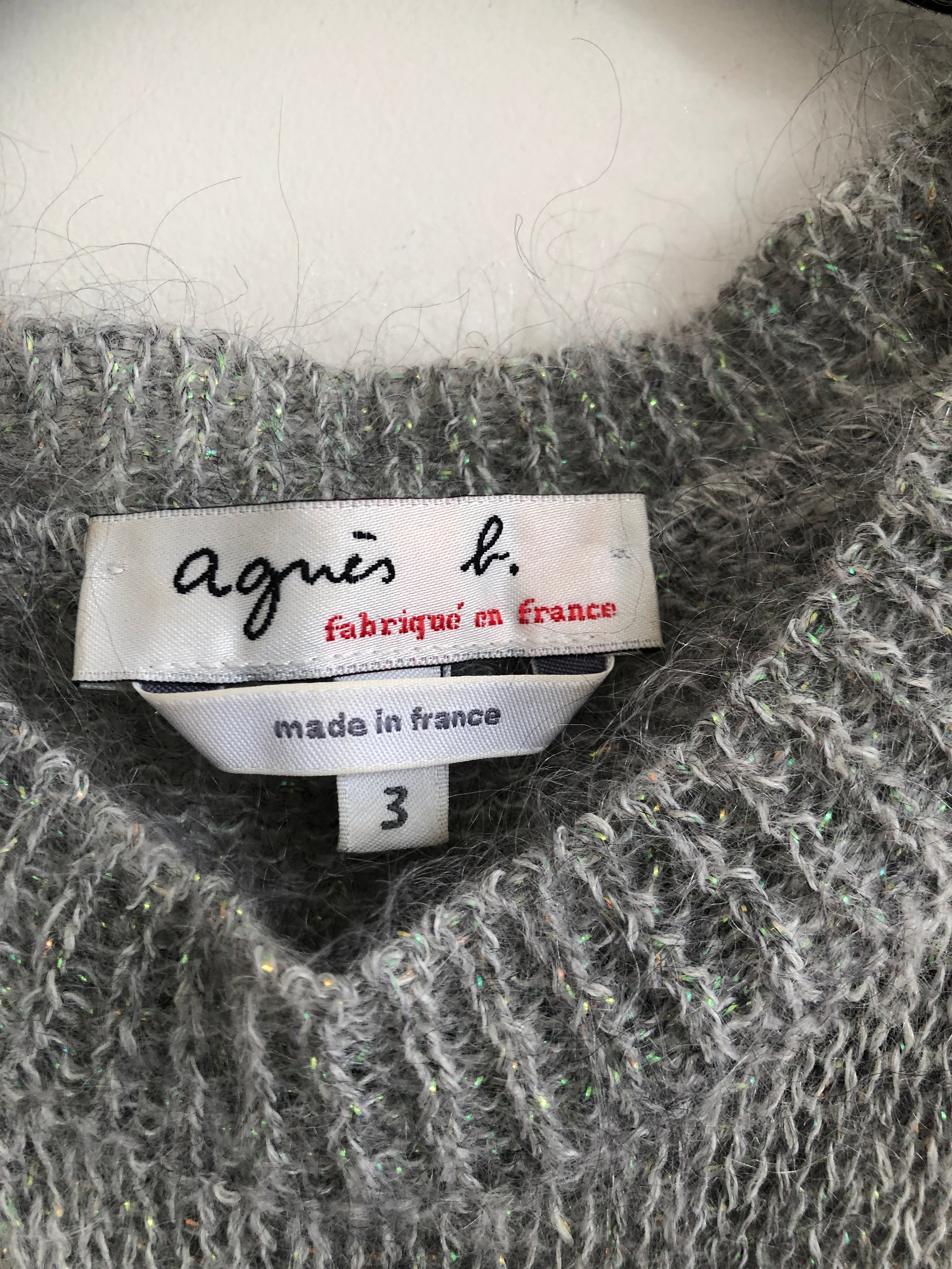 Agnes B Grey Mohair Sweater With Iridescent Sparkles, Made in France
