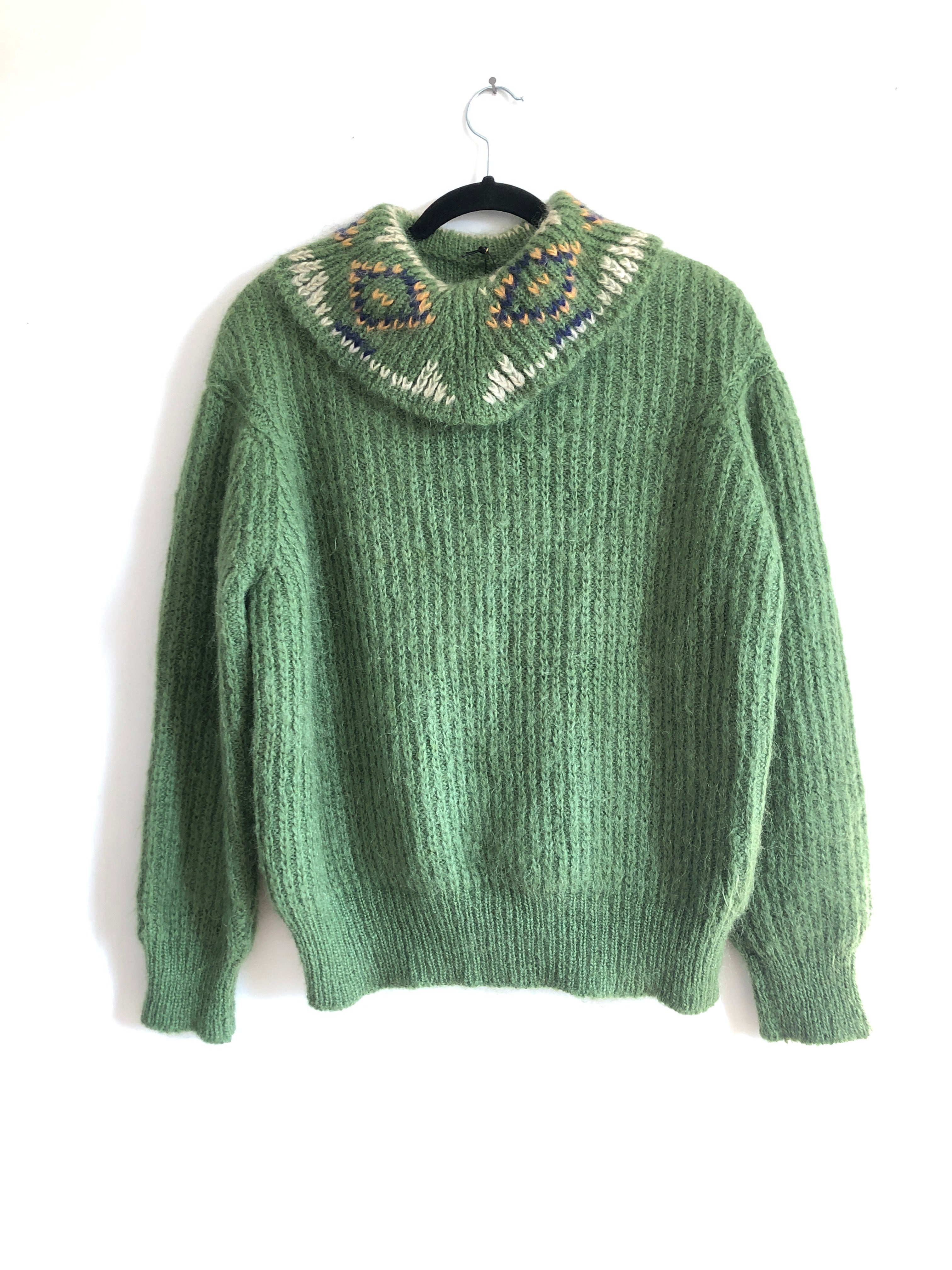 Large Mohair Sweater, Green With Baggy Fit, Fair Isle Knit Neckline