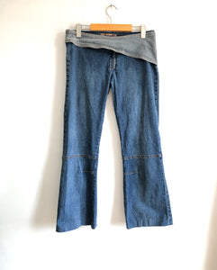 Y2K Low Rise Jeans With Flares and Contrast Denim Detail at Waist, Kokawaii Brand Jeans