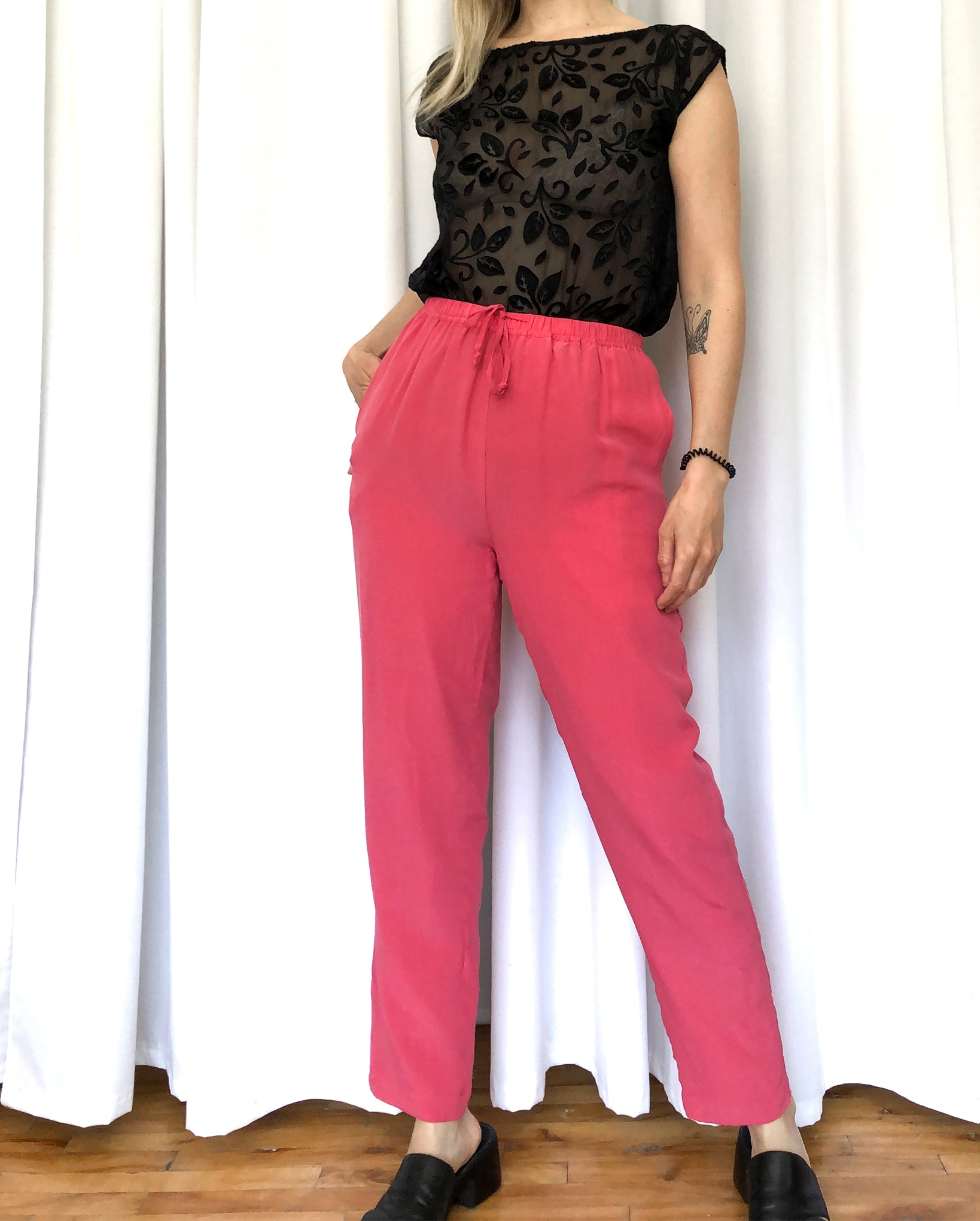 Vintage Silk Pink Pants With Drawstring Waist