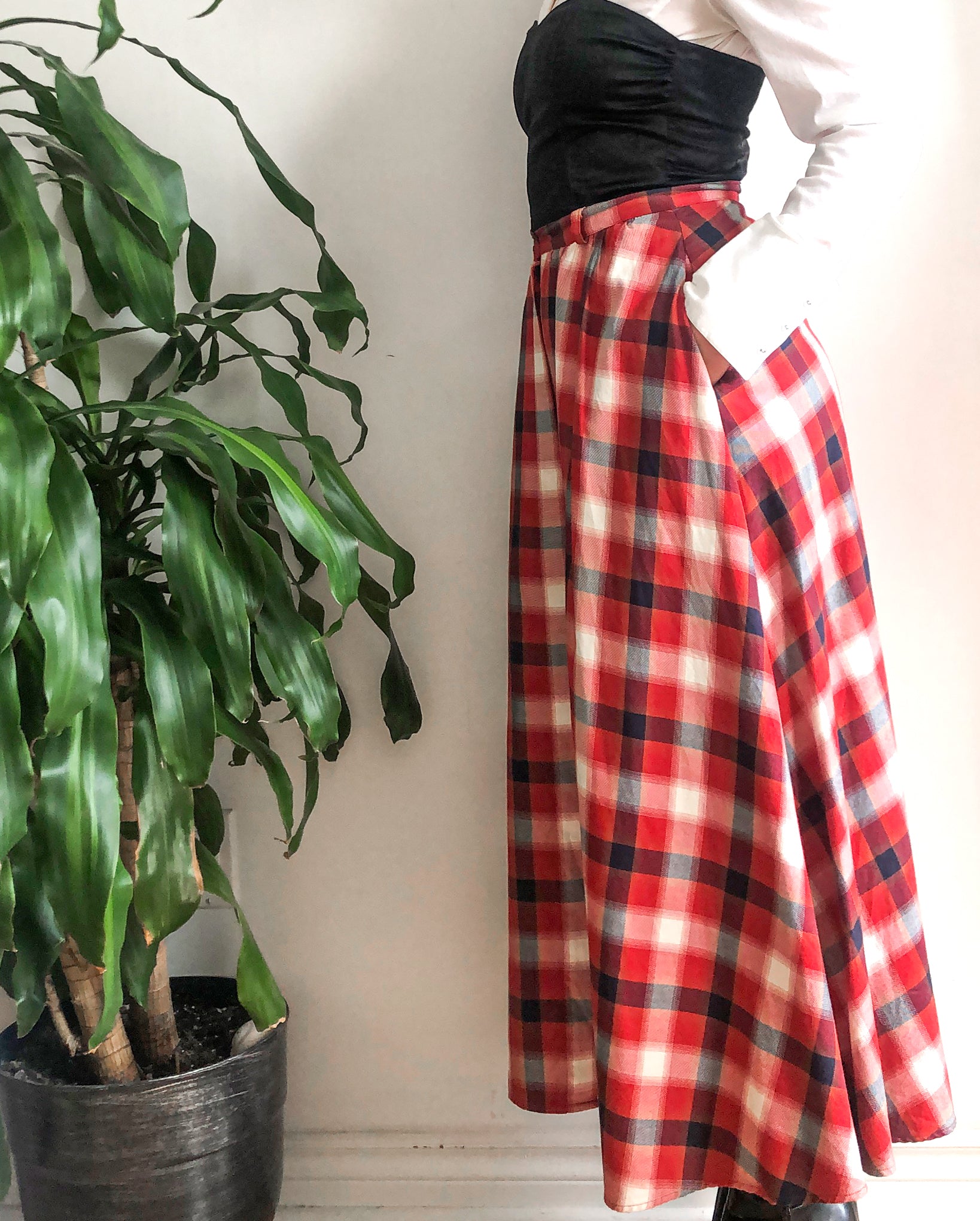 Vintage Plaid Maxi Skirt, Red Plaid Long Cotton Skirt, By JAXSPORT, Made in Hong Kong, 31 Inch Waist