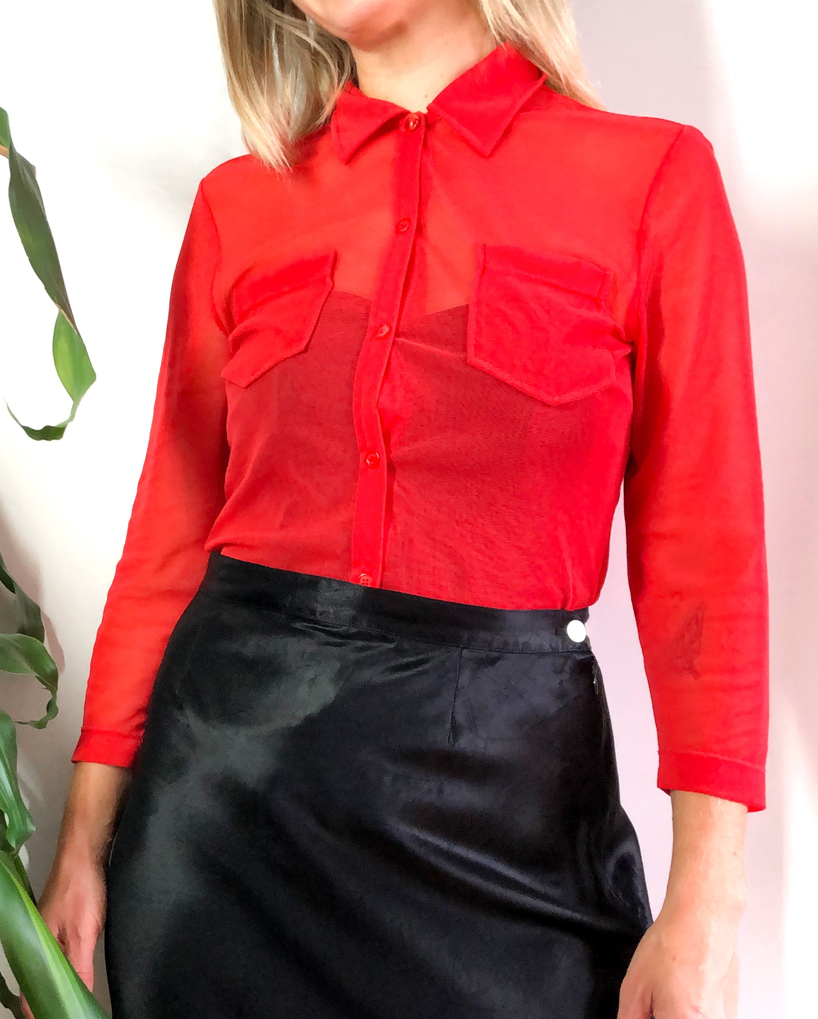Y2K Red Sheer Mesh Blouse, Mexx Button Up Fitted Stretch Top