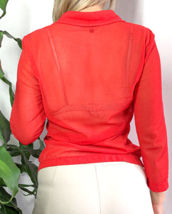 Y2K Red Sheer Mesh Blouse, Mexx Button Up Fitted Stretch Top