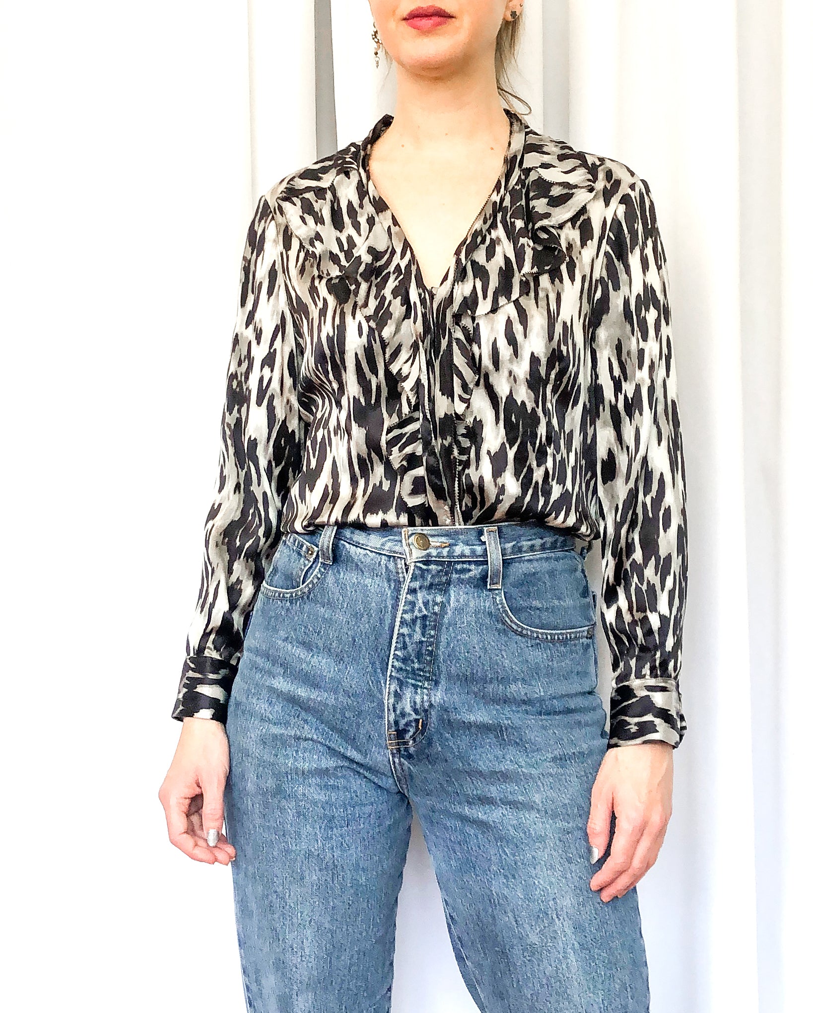 Anne Klein Silk Ruffle Blouse With Black and Grey Animal Print