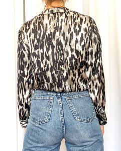 Anne Klein Silk Ruffle Blouse With Black and Grey Animal Print