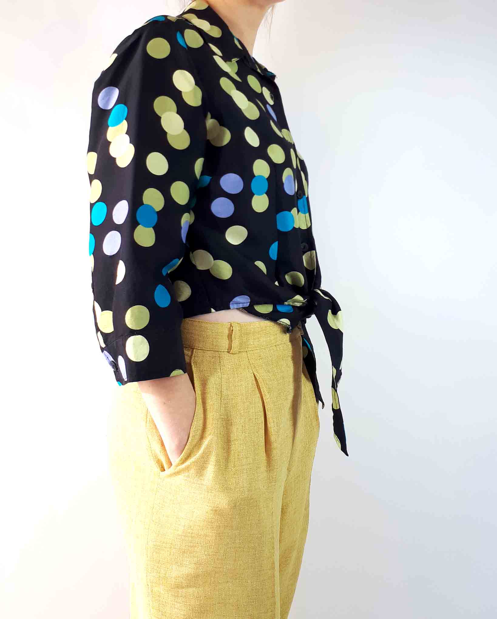 Vintage Silk Cropped Blouse with Polka Dots and Front Tie