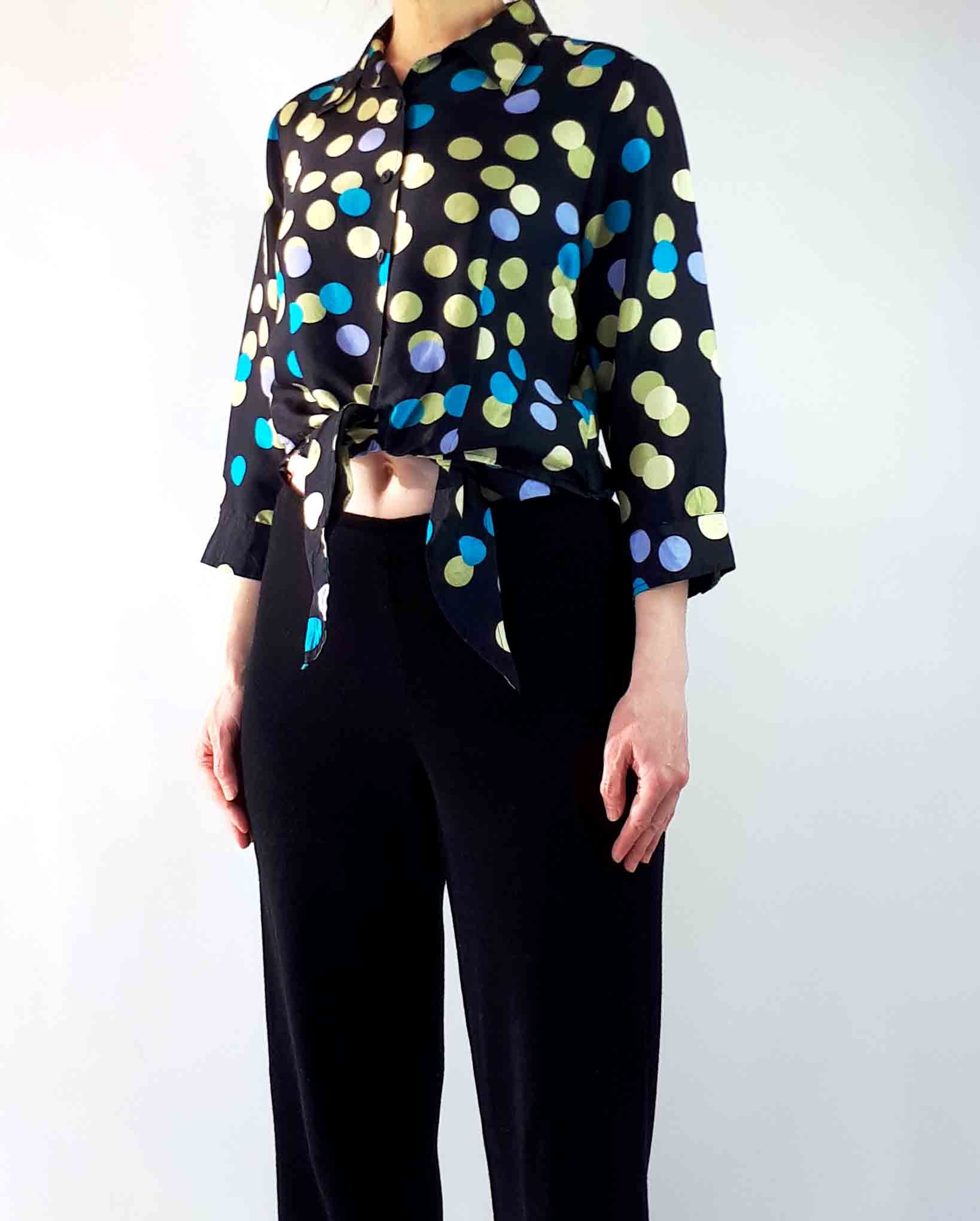 Vintage Silk Cropped Blouse with Polka Dots and Front Tie