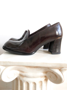 Brown Leather Chunky Heeled Shoes by Simard, Size 38, Made in Italy