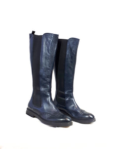 Vintage Tall Leather Navy Riding Boots with Elastic Sides and Derby Style Detailing