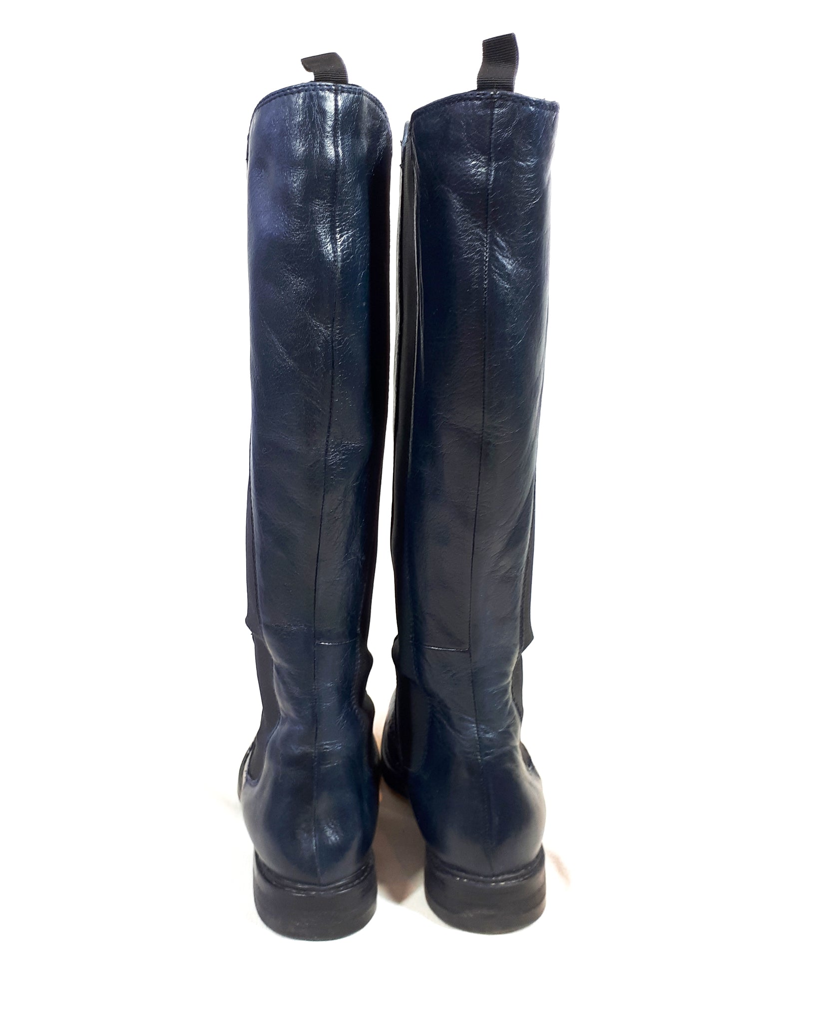 Vintage Tall Leather Navy Riding Boots with Elastic Sides and Derby Style Detailing