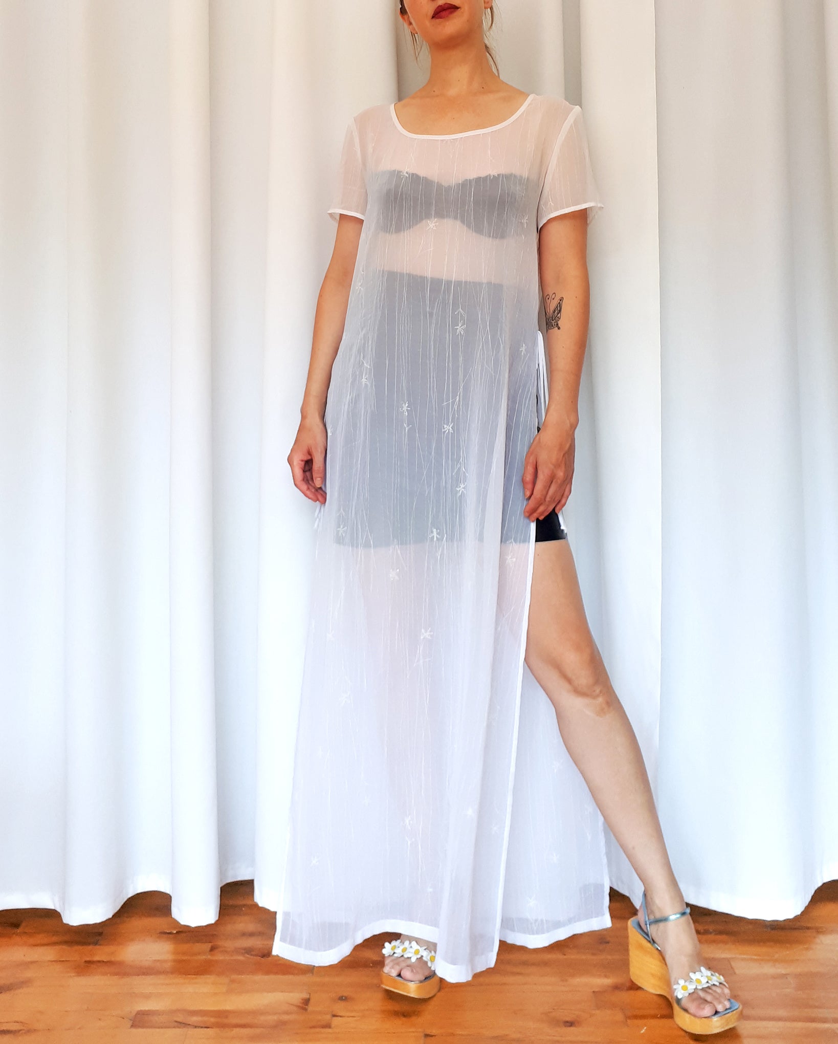Vintage 90s Long White Maxi Sheer Dress With High Side Openings.