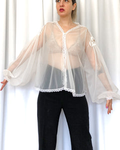 Vintage Sheer White Cover Up Top With Puffy Sleeves and Embroidery Details