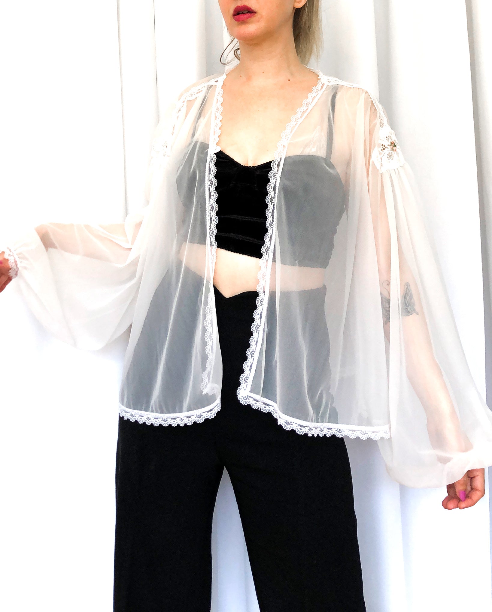 Vintage Sheer White Cover Up Top With Puffy Sleeves and Embroidery Details