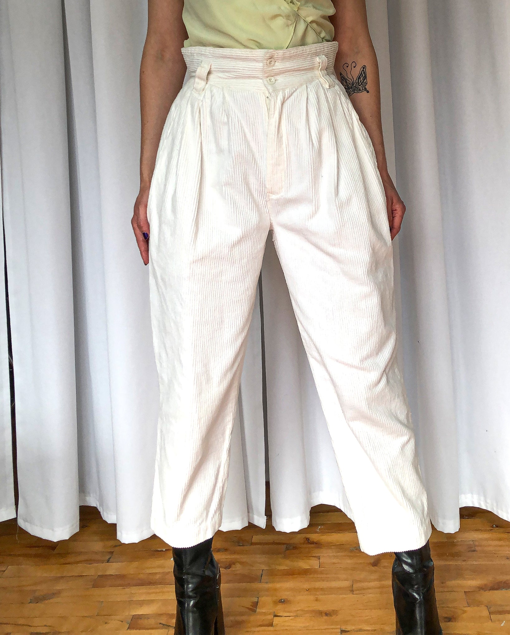 Vintage 80s/90s White Corduroy Pants, High 26 Inch Waist