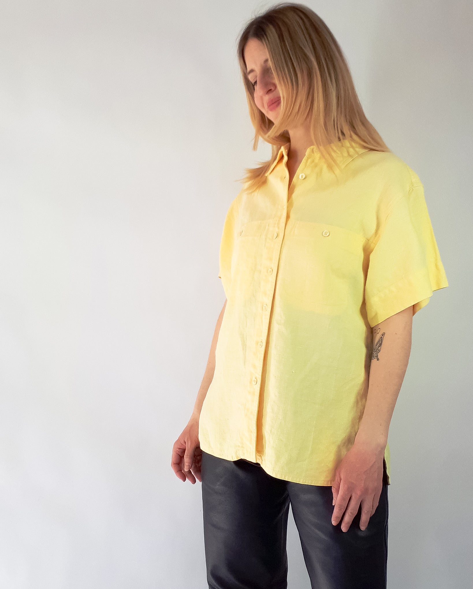 Vintage 90s Linen Lemon Yellow Short Sleeve Button Up Shirt Overshirt