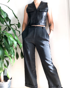 Vintage 90s Black Leather Cropped Vest With Velcro Pockets Made in Canada