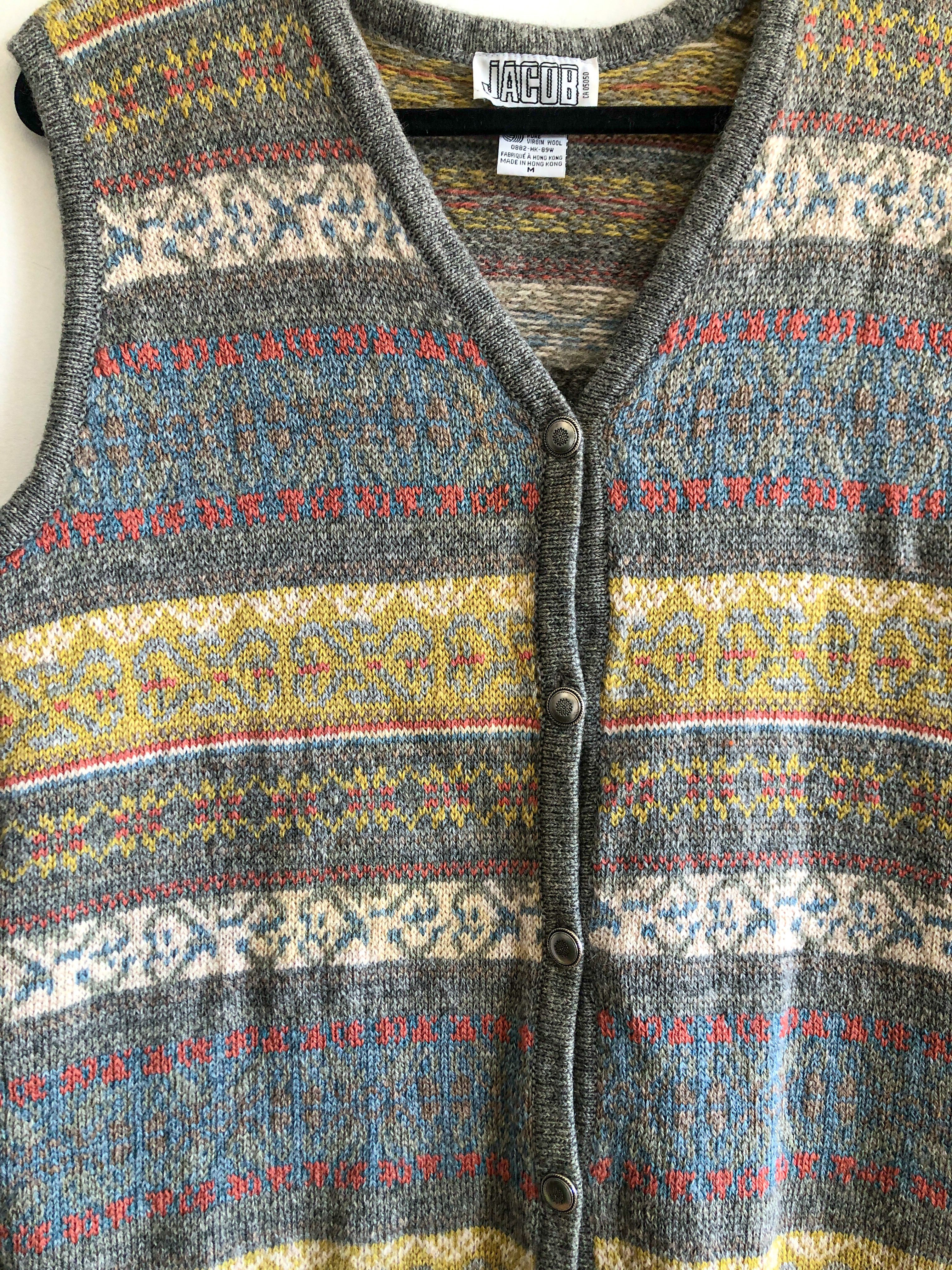 90s Jacob Wool Sweater Vest, Boxy Fit Oversized Grandpa Sweater, Woven Graphic Striped Sweater