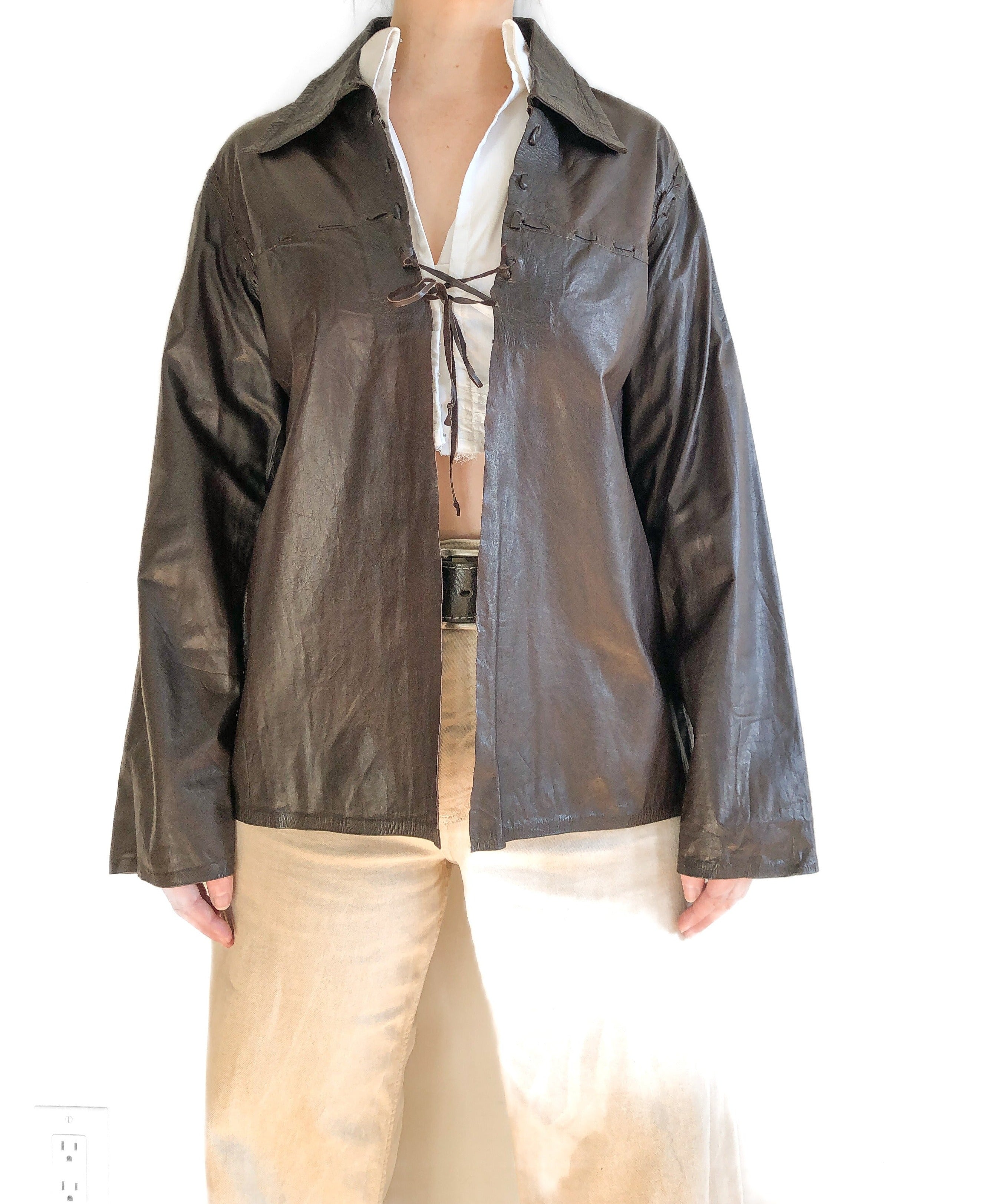 Brown Leather Overshirt with Leather Stitching
