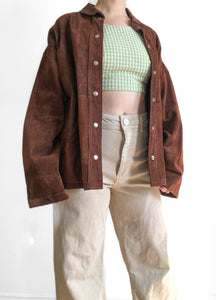Brown Suede Jacket with Kangaroo Pocket and Peter Pan Collar