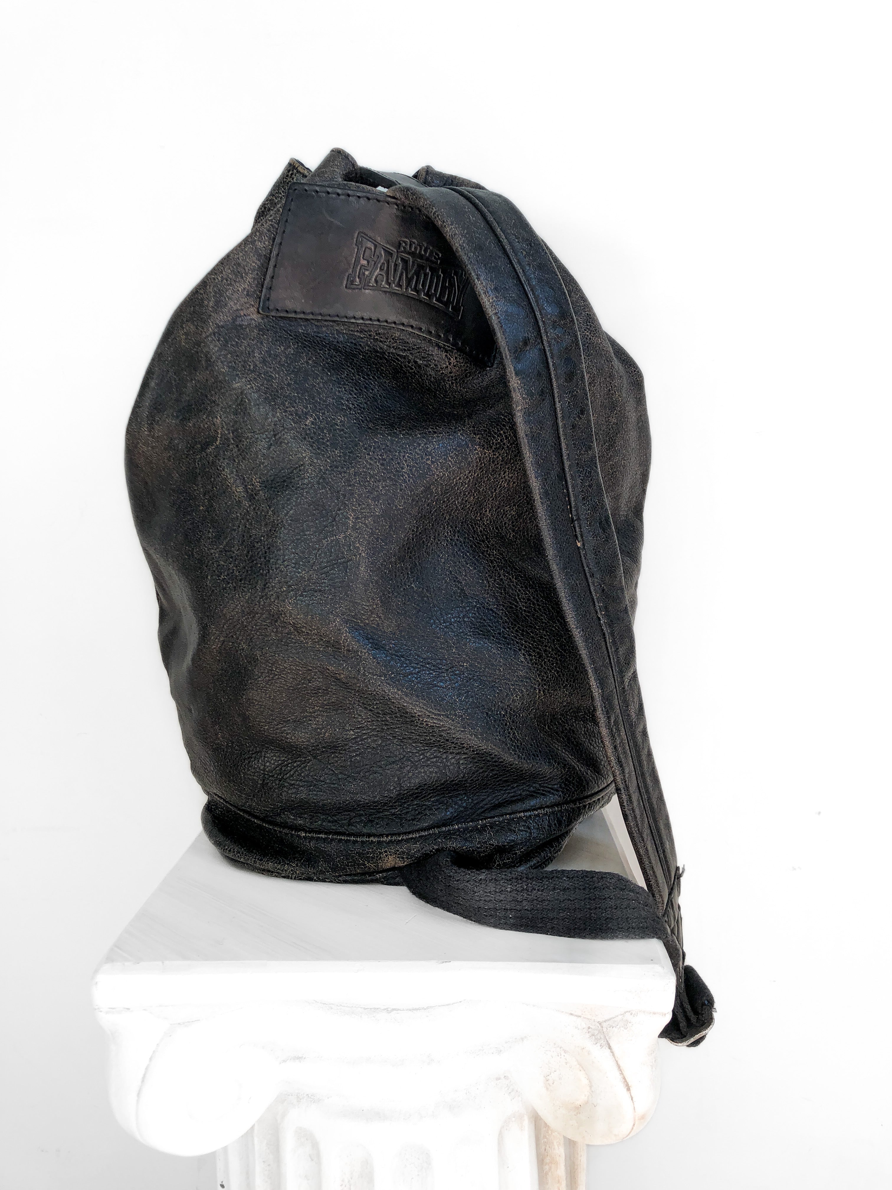 90s Black Leather Bucket Bag, Blue Family brand bag, Top Handle Bucket Shoulder Bag