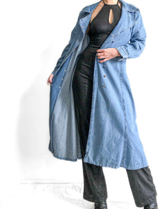 90s Long Denim Trench Coat, Maxi Denim Jacket